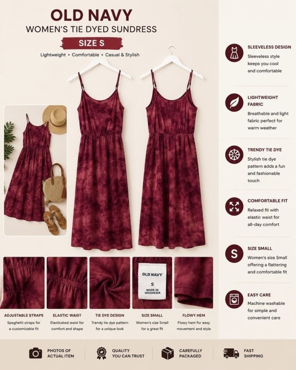 Old Navy Women's Burgundy Tie Dye Spaghetti Strap Sundress